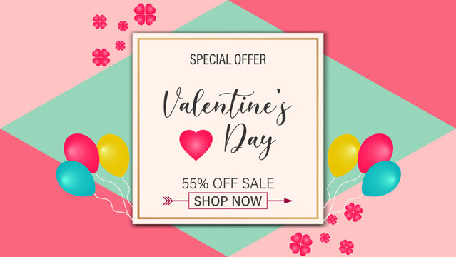 Valentine's Day Sale 55% Off Poster or banner with sweet heart and pink background