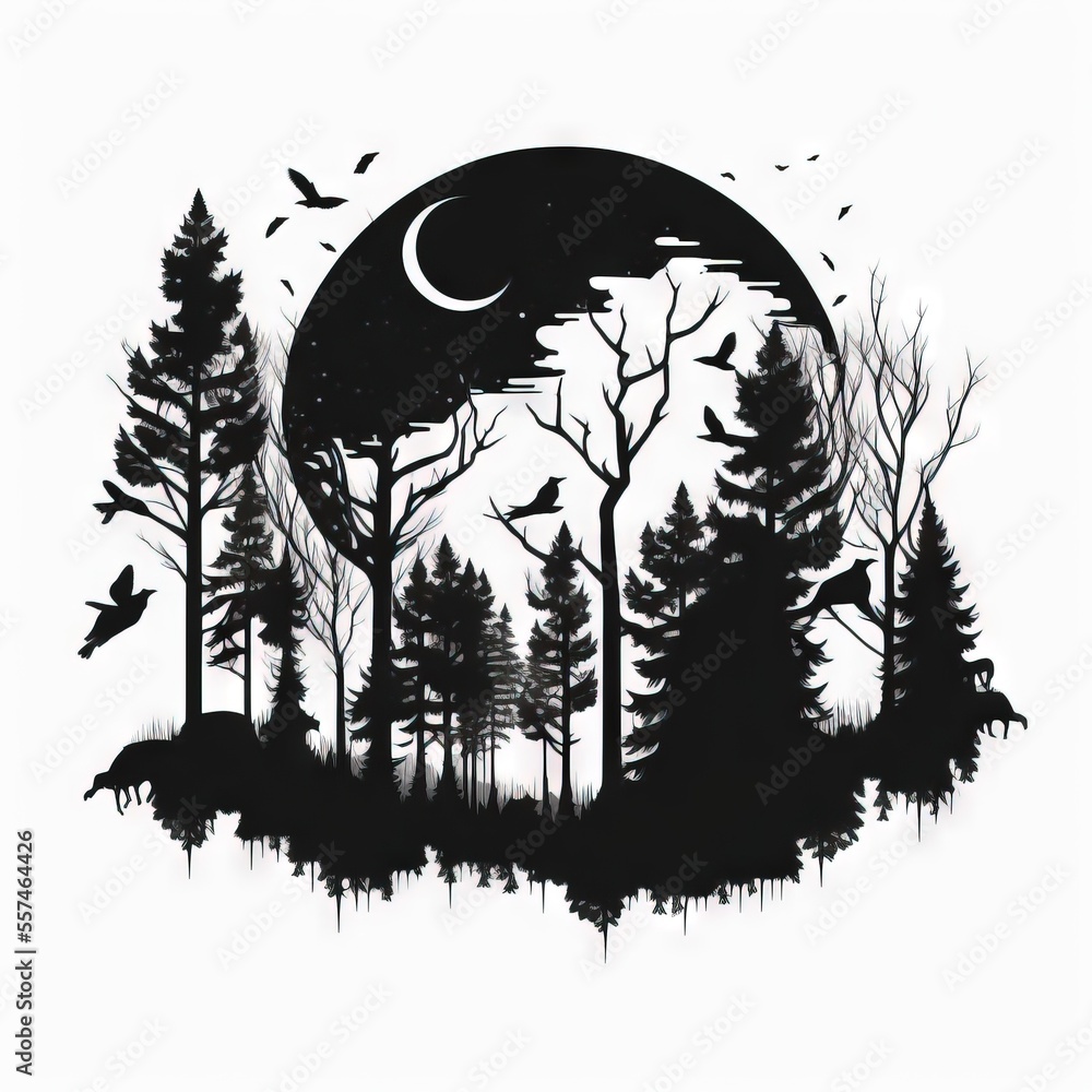 Poster a black and white drawing of a forest with birds flying around it and a moon in the sky above., gene