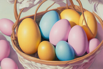 Fototapeta na wymiar Happy easter, Easter painted eggs in the basket. decoration. copy space.