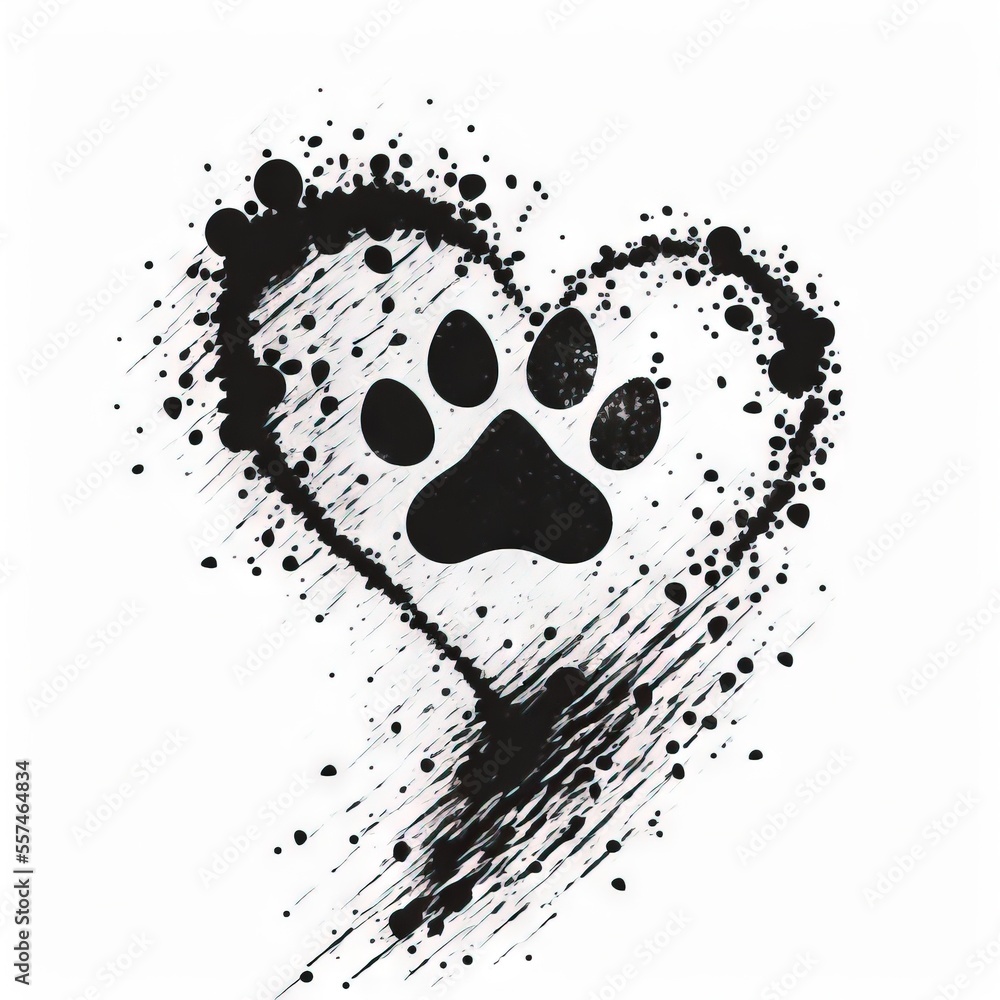 Poster a black and white drawing of a paw print in the shape of a heart with a paw print on it., generative