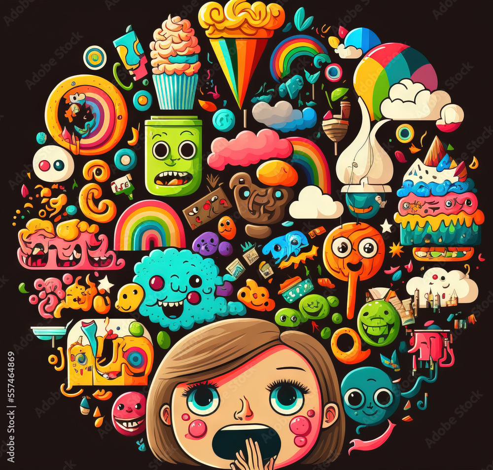 Poster a woman with a bunch of different items in her head and a black background with a black background a