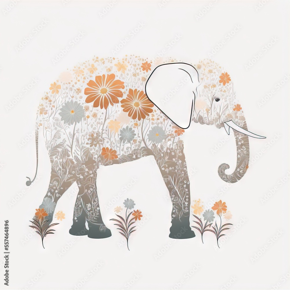 Poster an elephant with flowers on it's back and a white background with a white border around it and a whi