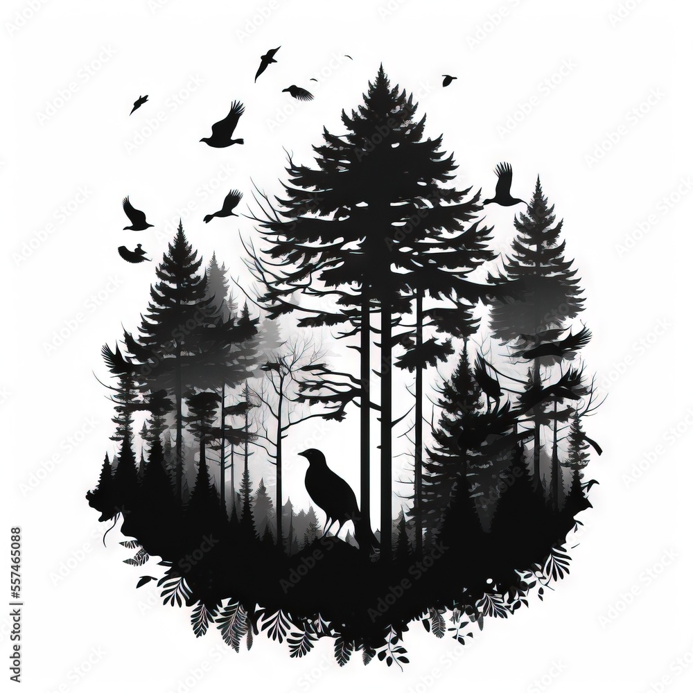 Poster a black and white photo of a forest with birds flying around it and trees in the background with a b