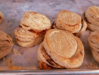 Shelf-stable breads for sale in commercial premises, culinary art and delicious handmade desserts.