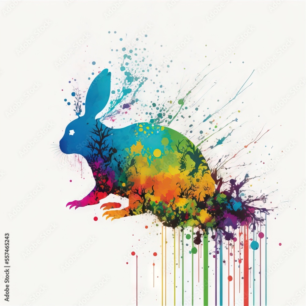 Poster a colorful rabbit with splats and paint splatters on it's back and a white background., generative a