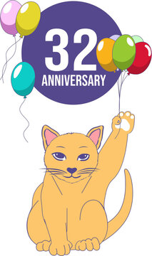 Vector Of A Kitten Holding Birthday Party Balloons. Kitten Holding Balloons Wishing A Happy Birthday. 32 Year Old Cat Holding Birthday Party Balloons.   Happy Birthday Illustration.