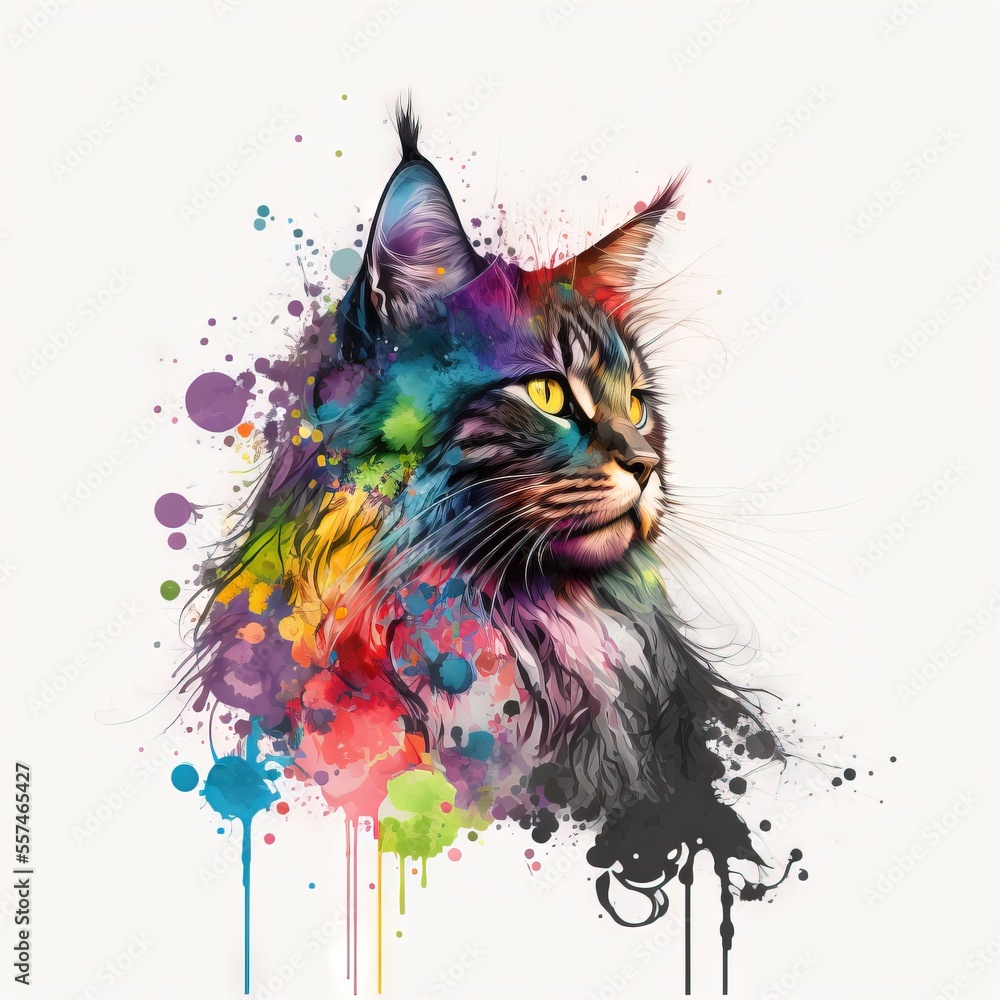 Aufkleber a cat with colorful paint splatters on it's face and head., generative ai