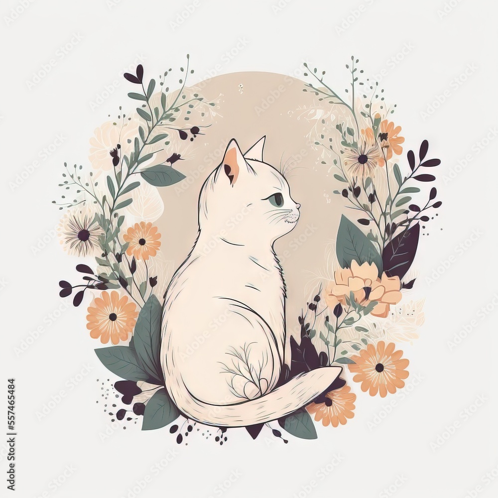Poster a white cat sitting in a floral frame with a moon in the background and flowers around it., generati