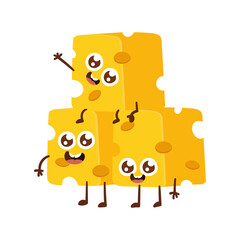 Cute happy cheese character. Funny food emoticon in flat style. Dairy emoji vector illustration