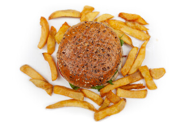 Tasty, fresh hamburger with french fries on a white table unhealthy food