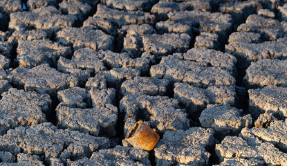 Reduction of water in the reservoir. Earth cracked because of drought. The global shortage of water on the planet. Global warming concept.