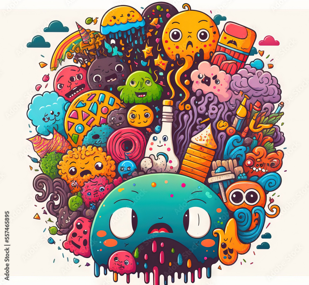 Poster a cartoon character with a lot of different things in the background of it., generative ai