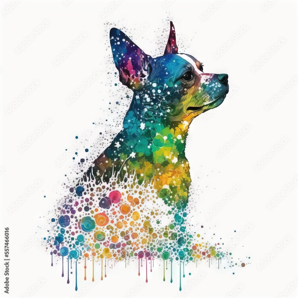 Poster a dog with a colorful background and a splatkled design on it's face., generative ai