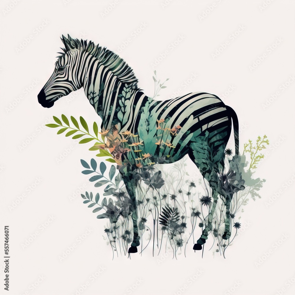 Poster a zebra standing in a field of flowers and plants with a white background and a green border around 