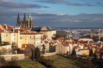 Fototapeta na wymiar winter afternoon - view of the Prague Castle illuminated by the setting sun