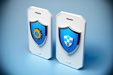 icons of two white mobile phones with a blue background and an antivirus icon in the middle. Generative AI