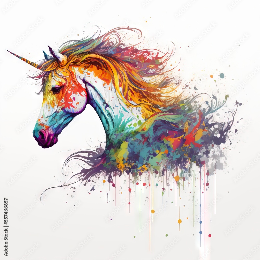 Aufkleber a colorful unicorn with a long mane and a rainbow mane on its head., generative ai