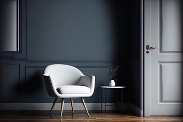 Interior of a bright room with a chair against a background of an empty, dark blue wall,. Generative AI
