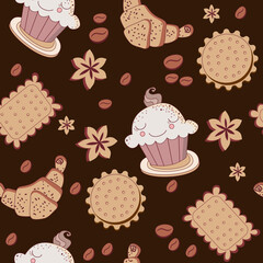 pattern croissant,muffin, coffee and cookies on a brown background
