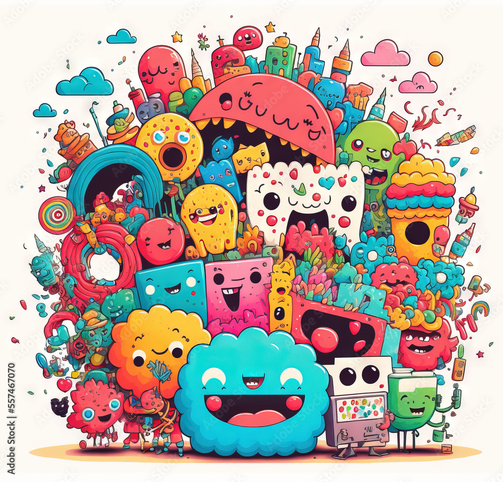 Poster a bunch of cartoon characters are grouped together in a pile of different colors and sizes and sizes