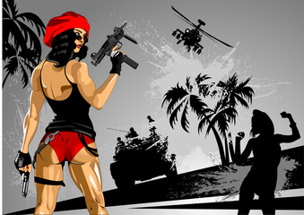 woman in red beret with automatic Uzi, vector and illustration