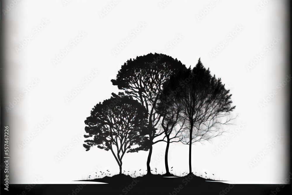 Poster a black and white photo of three trees in the snow with a white background and a black and white pho