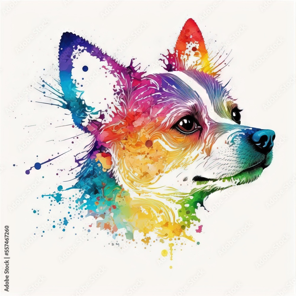 Poster a colorful dog's face with a white background and a white background with a black border and a white