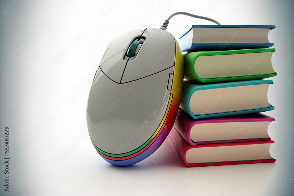 Poster education and the idea of e learning. a contemporary computer mouse is seen holding a stack of color