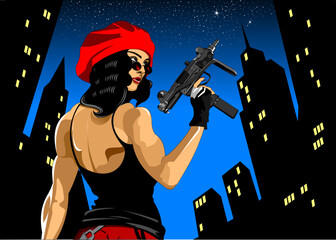 Woman with guns in the night city