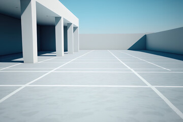 concrete parking lot floor that is empty. Illustration of a white, abstract structure against a sky blue. Generative AI
