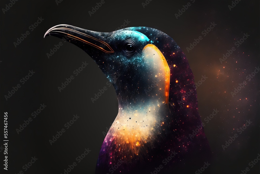 Poster a bird with a colorful beak and a black background with stars and dust in the background., generativ