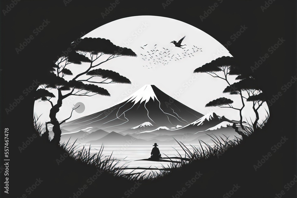 Poster a person sitting in a field with a bird flying over a mountain and a lake in the background with a b