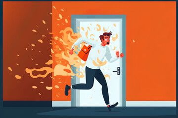 a fire safety exercise. Young guy rushes to the escape doors as the building burns. Use the closest emergency exit to leave the premises. Template for a flat graphic. Generative AI