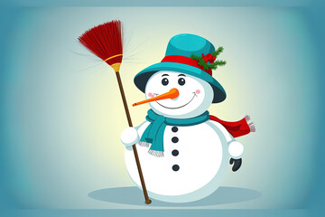 A happy snowman celebrating the new year wears a broom and bucket on his head. Generative AI