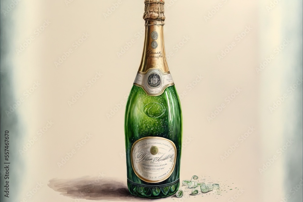 Poster a bottle of champagne with ice on the floor and a cork on top of it., generative ai