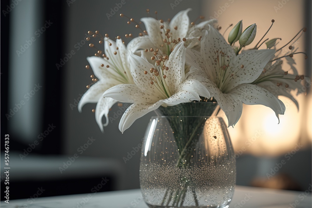 Aufkleber a vase with white flowers on a table in a room with a lamp on the side of the room., generative ai