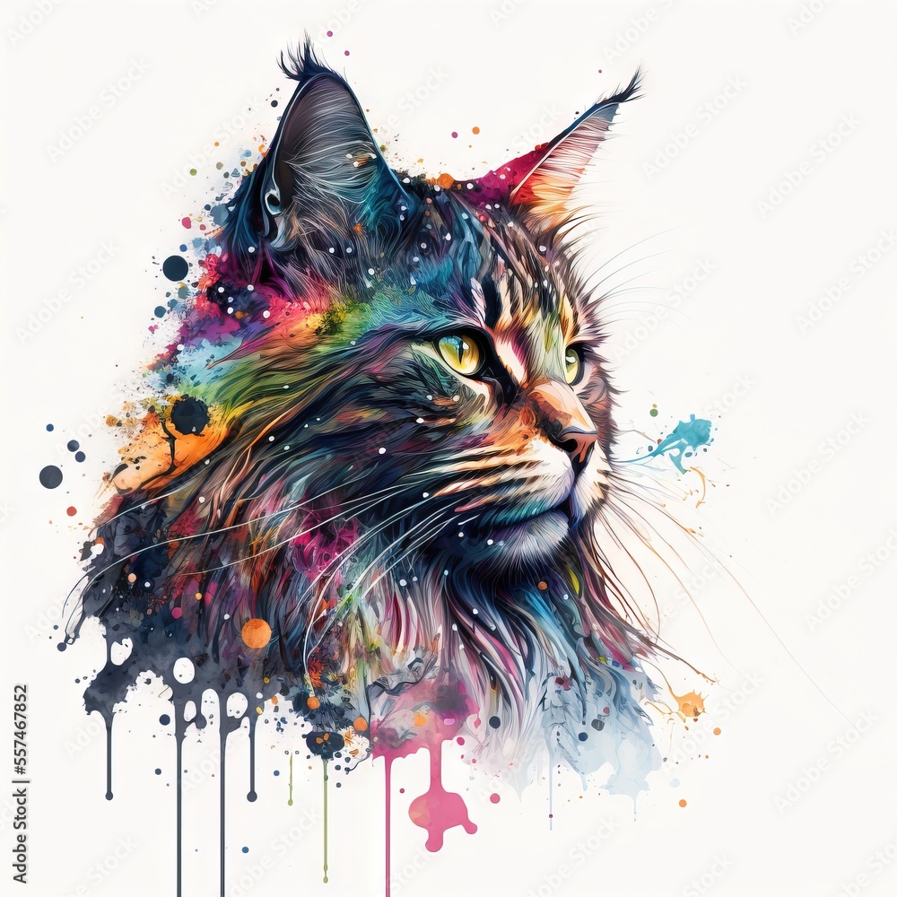 Poster a cat with a colorful face and a watercolor splash on it's face., generative ai
