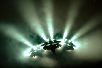 alien spaceships' glowing rays and ufo light beams at night. Generative AI