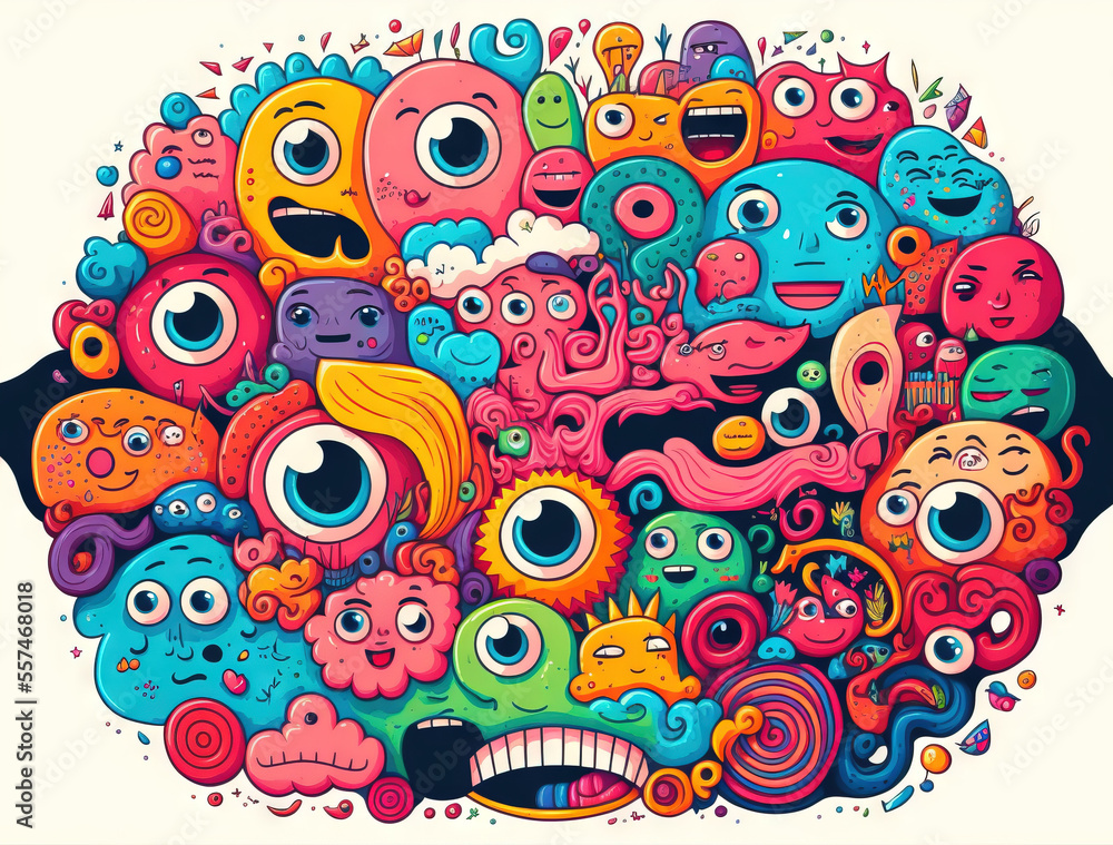 Poster a bunch of different colored monsters in a big head shape with eyes and mouths on it's face., genera