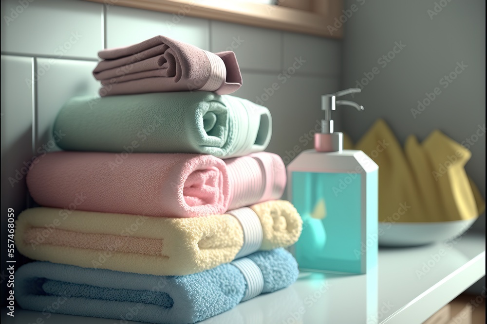 Poster a stack of towels sitting on top of a counter next to a sink and a soap dispenser., generative ai
