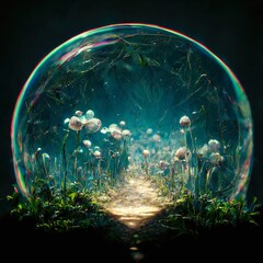 A path leading to heaven through the middle of a meadow of blooming flowers surrounded by a glass bubble. Dreamland. The world after death or during a psychedelic journey. Generative AI illustrations - obrazy, fototapety, plakaty