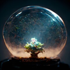 A magic flower surrounded by a glass bubble. Generative AI illustrations. Digital art painting