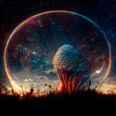 Psychedelic mushroom growing in a dreamland on a meadow among the grasses, surrounded by an colorful air bubble. Generative AI illustrations. Digital art painting - obrazy, fototapety, plakaty