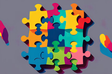 Symbol of collaboration, jigsaw puzzle pieced together by people's hands, and partnership. business idea. Generative AI