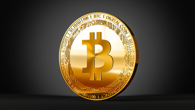 btc crypto, bitcoin cryptocurrency icon and sign on golden coin, 3d rendering on a black background