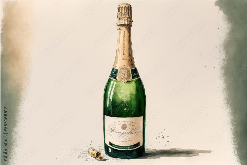 Aufkleber a bottle of champagne with a cork on the side of it and a bottle of wine in the foreground., generat