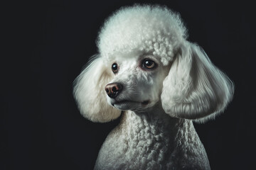 Head portrait illustration of a pretty white poodle dog on dark background. Content is created with generative ai
