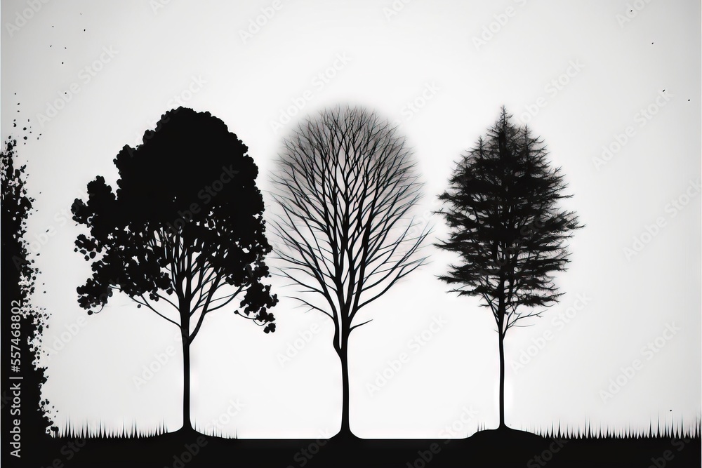 Poster a group of trees in a field with a sky background and a few birds flying in the distance above., gen