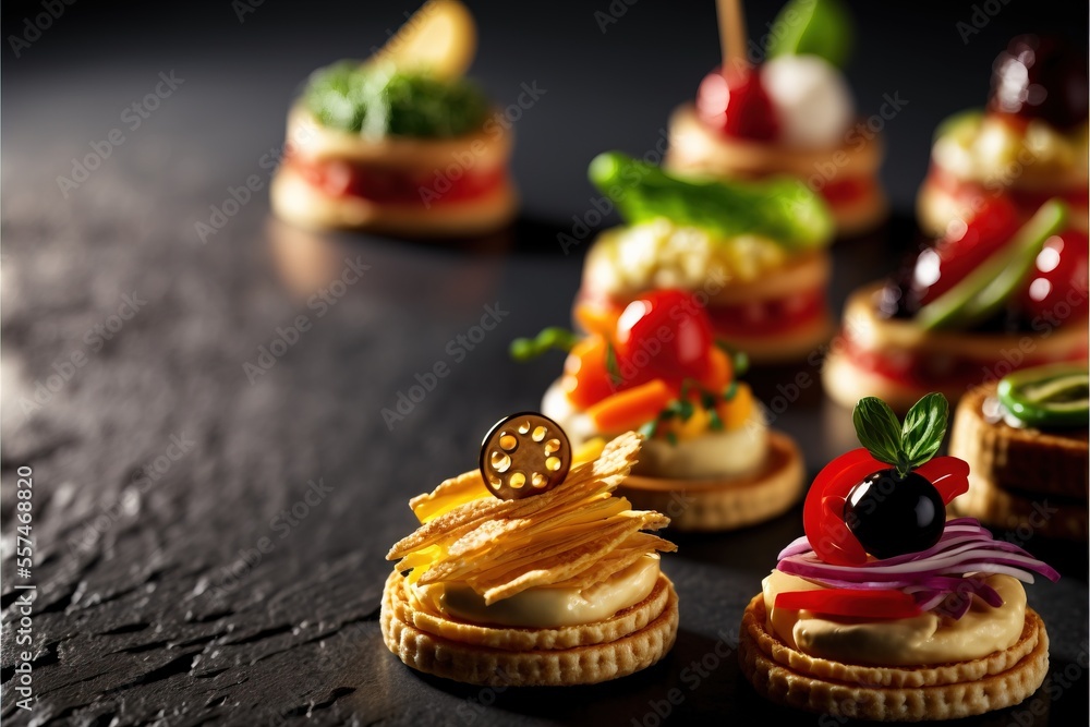 Poster a table topped with mini sandwiches covered in toppings and toppings on top of each other., generati