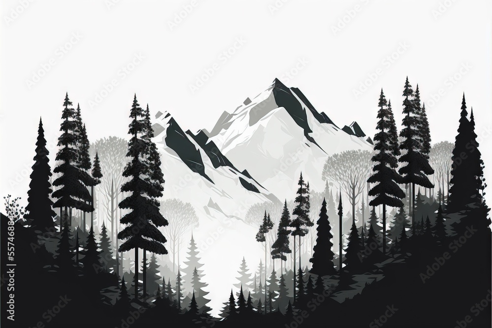 Poster a mountain with trees and snow on it is shown in black and white., generative ai